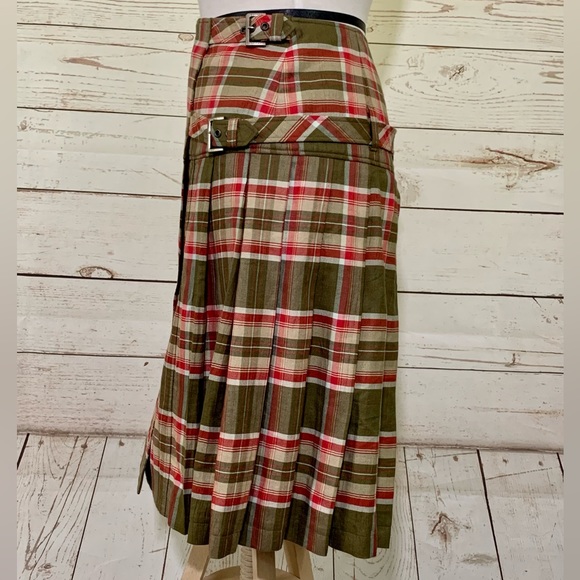 Escada Plaid Tartan Pleated Double Buckle MIDI Skirt Olive Green Red - Picture 4 of 16